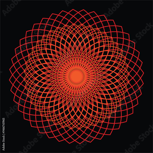 Red geometric pattern forming a radial mandala design on a black background