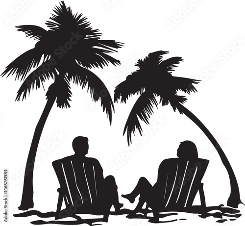 Silhouette of Couple Relaxing in Adirondack Chairs Under Palm Trees: Tropical Beach Vacation Scene Vector Illustration