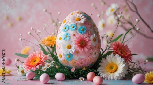 Decorated easter egg surrounded with colorful flowers and small eggs on a pink background.
