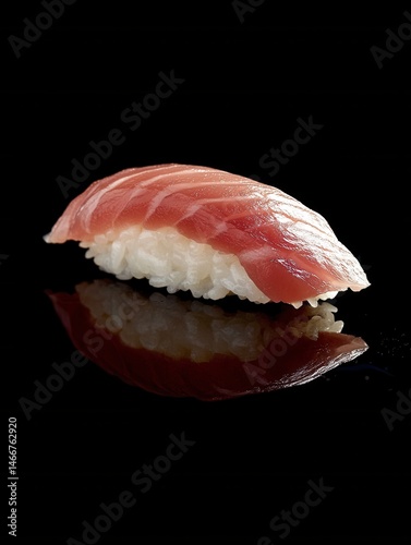 Maguro sushi close up studio shot on black background with reflection Japanese delicacy nigiri style fresh tuna