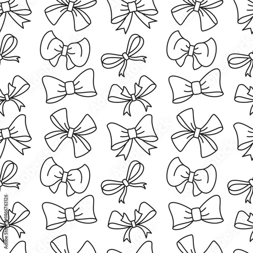 Seamless pattern of ribbon bows. Line art illustration on white background