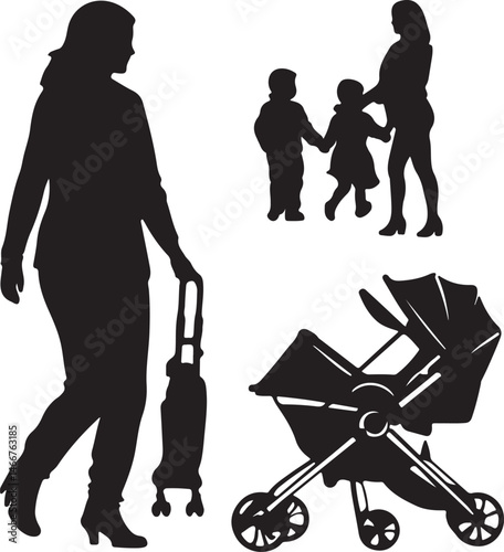 Silhouette Vector Art: Mother with Vacuum, Mom with Children, Pregnant Woman, and Baby Stroller - Family Lifestyle Illustration