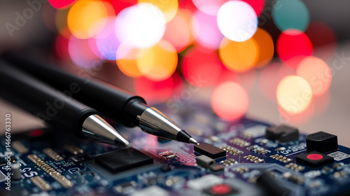 Two pens on a circuit board with a blurred background of colorful bokeh lights.