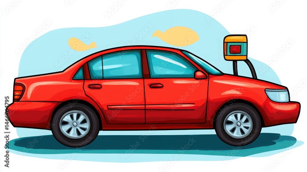 Fototapeta premium Bright Red Car with Vintage Gas Pump in Colorful Background