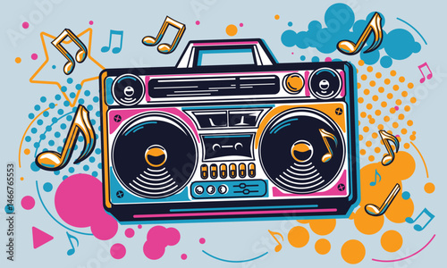 Music design - colorful boom box tape recorder and musical notes