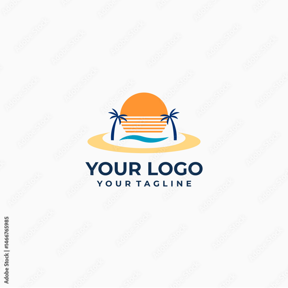 Minimalist Beach Logo with Palm Tree and Waves Minimalist Beach Logo with Palm Tree and Waves