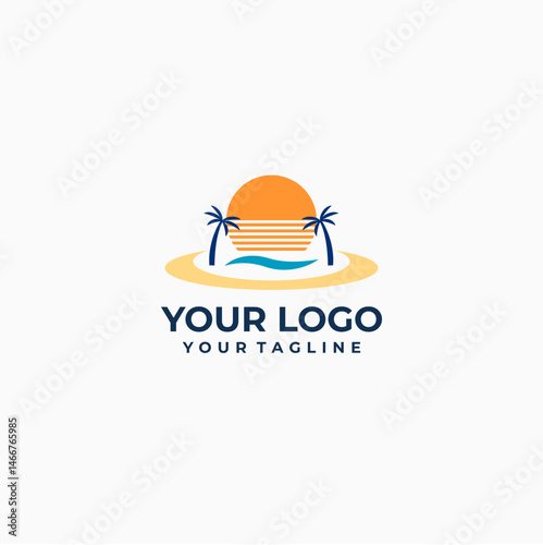 Minimalist Beach Logo with Palm Tree and Waves
