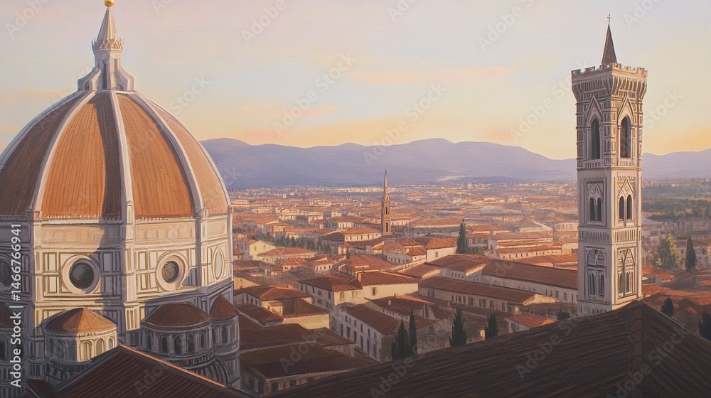 Obraz premium The Duomo in Florence with its majestic dome and nearby bell tower, intricate Gothic design glowing in soft morning light, low upward framing. 