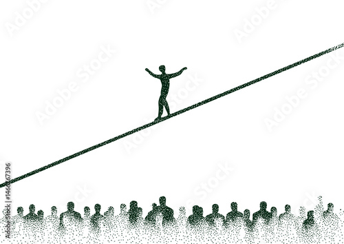 Acrobat balancing on a tightrope, dramatic vector illustration with rope fibers and crowd shadows