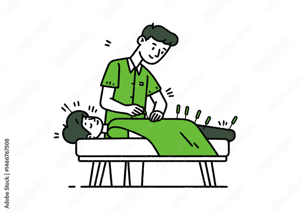 Acupuncturist inserting needles, precise vector illustration with meridian lines, calm energy Acupuncturist inserting needles, precise vector illustration with meridian lines, calm energy