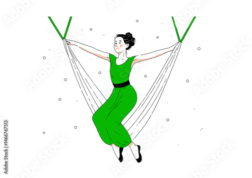 Aerialist hanging from silk ribbons, graceful vector art with flowing fabric, acrobatic pose