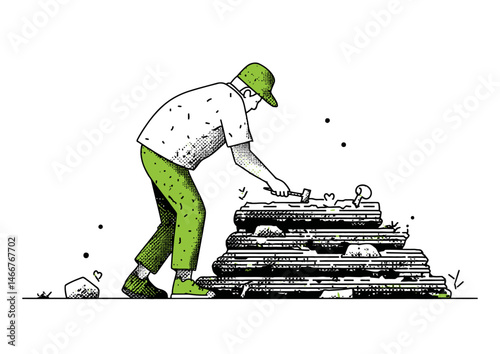 Archaeologist brushing off a fossil, textured vector art with sandstone layers and bone fragments