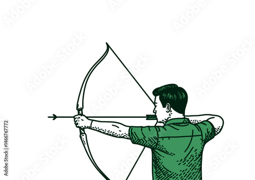 Archer drawing a bow, historical vector design with arrow fletching and tension lines