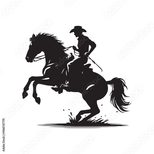 Cowboy on Rearing Horse Vector Silhouette, Western Action, Cowboy Spirit, Horseback Riding, Rustic Adventure, Western Heritage, Country Life.
