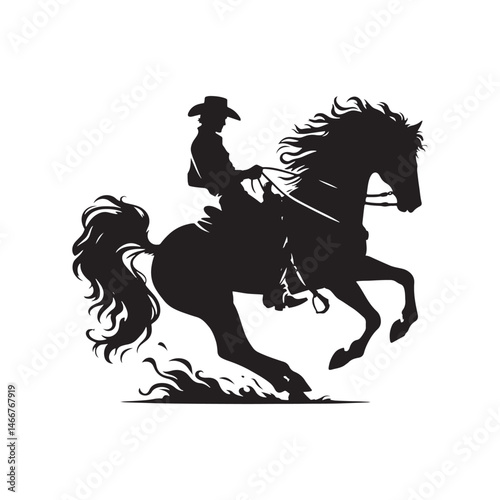 Cowboy on Rearing Horse Vector Silhouette, Western Action, Cowboy Spirit, Horseback Riding, Rustic Adventure, Western Heritage, Country Life.
