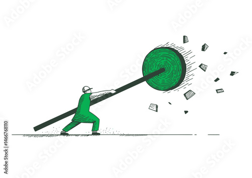 Axe thrower releasing a spinning blade, dynamic vector art with motion blur, wooden target