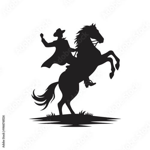 Cowboy on Rearing Horse Vector Silhouette, Western Action, Cowboy Spirit, Horseback Riding, Rustic Adventure, Western Heritage, Country Life.
