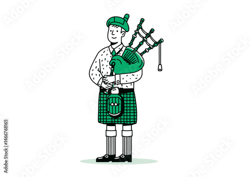 Bagpiper playing at a parade, traditional vector illustration with tartan patterns, air flow lines