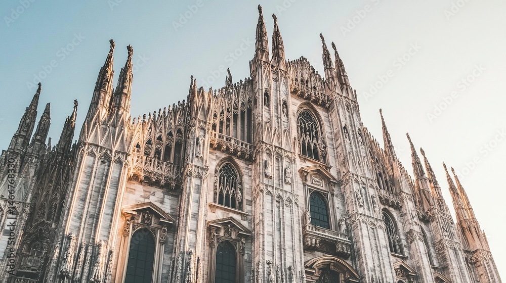 Towering Gothic cathedral, spires and detailed carvings bathed in soft light, ornate facade radiating grandeur, dynamic low-angle perspective. Towering Gothic cathedral, spires and detailed carvings bathed in soft light, ornate facade radiating grandeur, dynamic low-angle perspective.