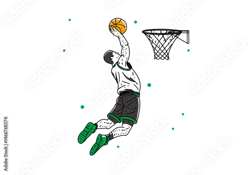 Basketball player dunking, dynamic vector art with sneaker treads and net swish motion