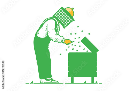 Beekeeper inspecting a hive, organic vector art with honeycomb patterns and protective netting
