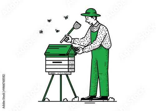 Beekeeper inspecting a hive, organic vector art with honeycomb patterns and protective netting