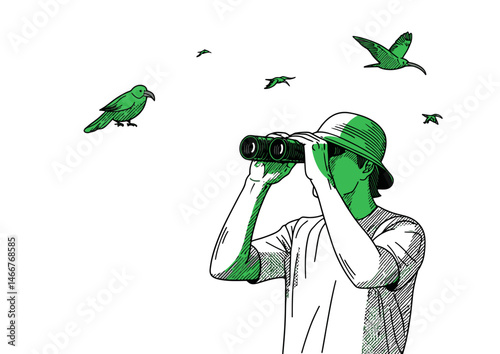 Bird watcher adjusting binoculars, detailed vector illustration with feathered subjects, lens glare
