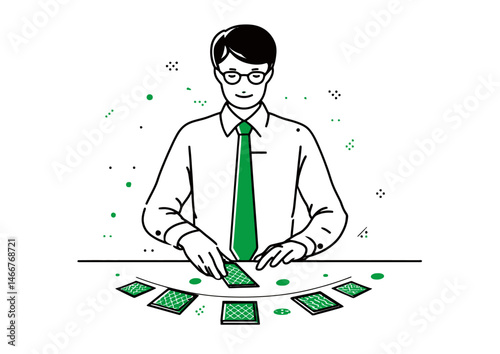 Blackjack dealer flipping cards, sleek vector design with card reflections, casino green felt