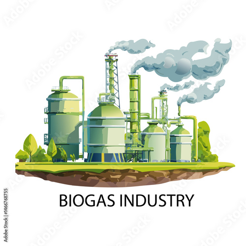 Biogas Industry Plant, chemical factory pipe with smoke vector logo icon graphic design