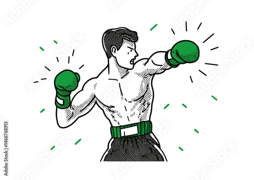 Boxer throwing a punch, high-energy vector illustration with speed lines and taped fists