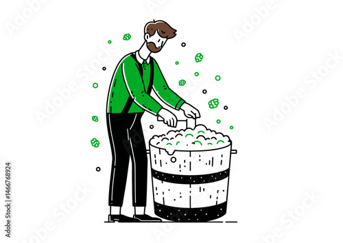 Brewer stirring a vat of beer, frothy vector illustration with hops, bubbling fermentation