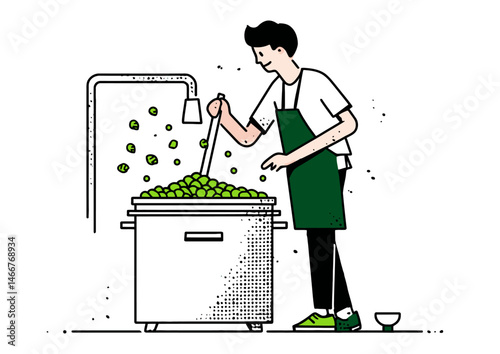 Brewer stirring a vat of beer, frothy vector illustration with hops, bubbling fermentation
