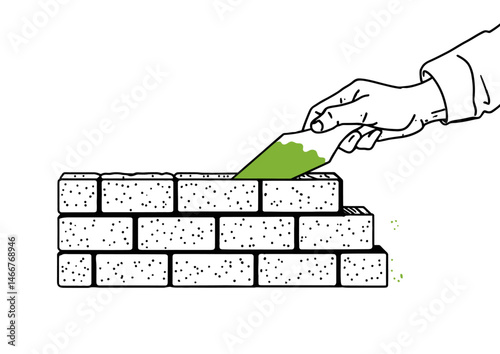 Bricklayer placing mortar, textured vector design with trowel marks and brick alignment