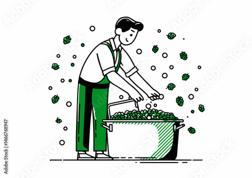 Brewer stirring a vat of beer, frothy vector illustration with hops, bubbling fermentation