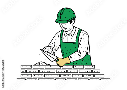 Bricklayer placing mortar, textured vector design with trowel marks and brick alignment