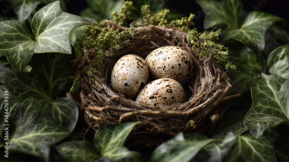 A close-up of a meticulously constructed nest cradling three speckled eggs, nestled amongst lush, verdant leaves, showcasing nature's delicate beauty. A close-up of a meticulously constructed nest cradling three speckled eggs, nestled amongst lush, verdant leaves, showcasing nature's delicate beauty.