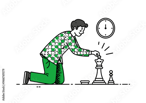 Chess player moving a pawn, strategic vector art with wooden piece textures and clock tension