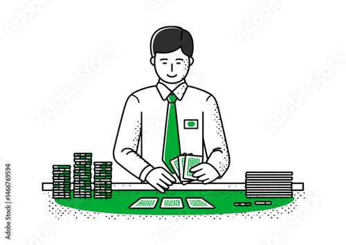Croupier dealing cards, casino vector art with green felt table and chip stacks