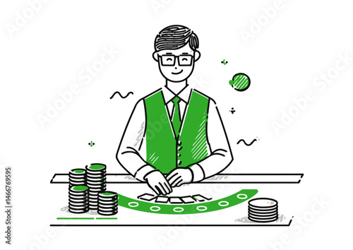 Croupier dealing cards, casino vector art with green felt table and chip stacks