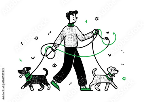 Dog walker holding multiple leashes, playful vector illustration with tangled leads and paw prints