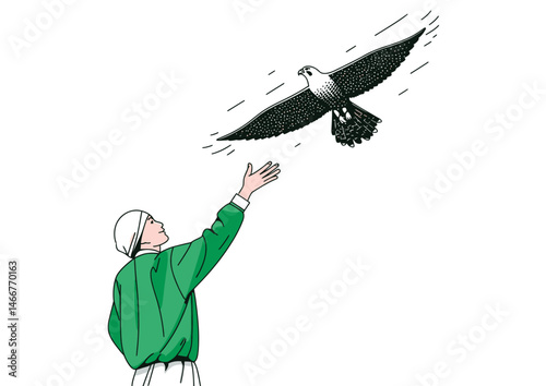 Falconer releasing a bird, majestic vector illustration with outstretched wings, wind motion lines
