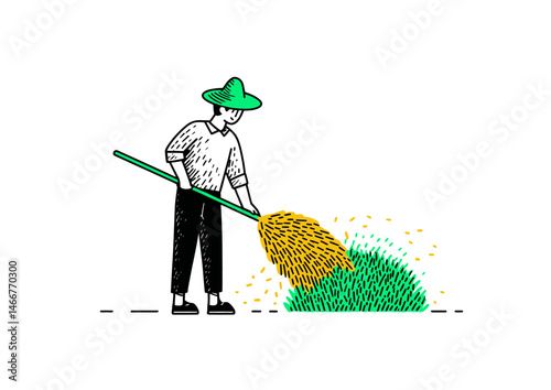 Farmer harvesting crops, rustic vector design with straw hat shading and golden wheat