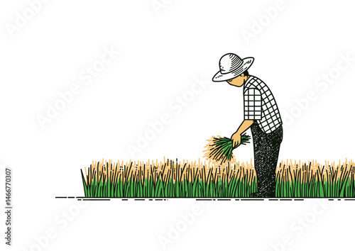 Farmer harvesting crops, rustic vector design with straw hat shading and golden wheat