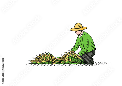 Farmer harvesting crops, rustic vector design with straw hat shading and golden wheat