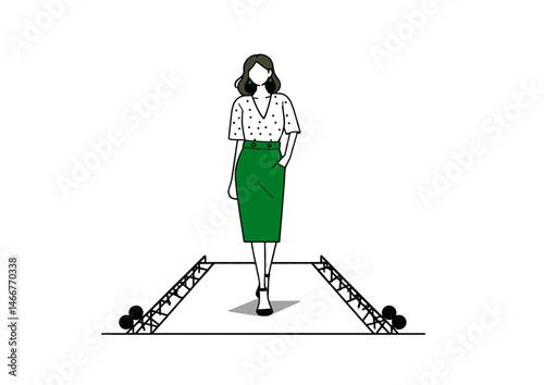 Fashion model posing on a runway, chic vector design with fabric drapes and catwalk lights