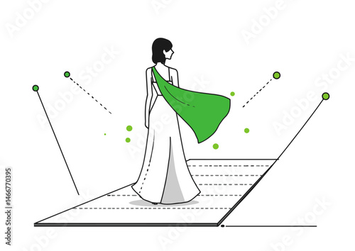 Fashion model posing on a runway, chic vector design with fabric drapes and catwalk lights