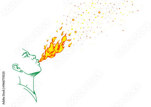Fire breather exhaling flames, striking vector design with glowing embers, dramatic shadows