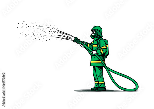 Firefighter holding a hose, bold vector art with dynamic water spray, reflective gear, and smoke wisps