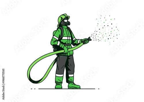 Firefighter holding a hose, bold vector art with dynamic water spray, reflective gear, and smoke wisps