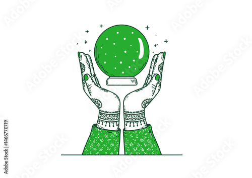 Fortune teller reading palms, mystical vector design with crystal ball glow and henna lines